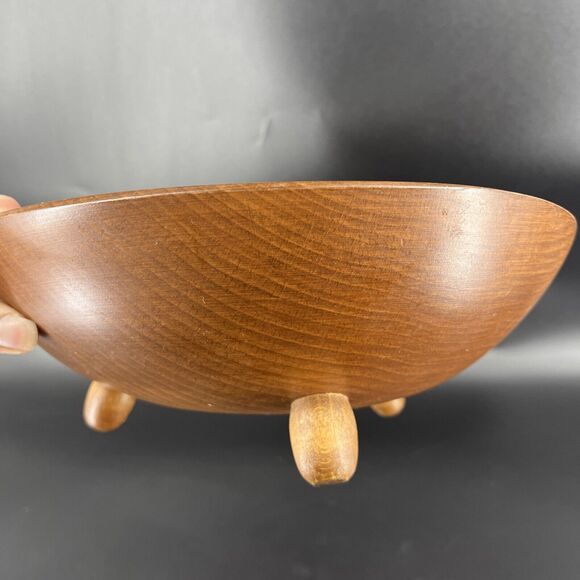 Vintage Footed Wood Salad Bowl Fork Spoon Set By Woodcraftery Made In USA - Picture 14 of 16